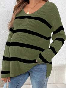 SHEIN Ciążowy, swobodny, kolorowy sweter w paski z rozcięciem z boku na jesień/zimę - Wielokolorowe - Zobacz 3