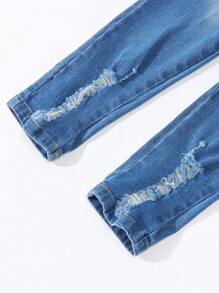 SHEIN 2pcs/Set Tween Girl Elastic Distressed Denim Jeans, School, Campus, College Summer Holiday - Multicolor - View 5