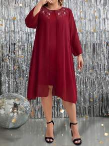 Plus Size Women's Elegant Wine Red Chiffon & Knit Sequin Trim 3/4 Sleeve Dress