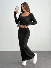 SHEIN PETITE 女款黑色凹纹紧身及膝裙 - 黑色 - 查看 7