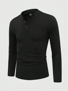 Manfinity Homme Men Casual Plain Half Button Up Long Sleeve T-Shirt, Spring/Autumn, Black Plain Casual Work Long Sleeve T-Shirt, Boyfriend Gift