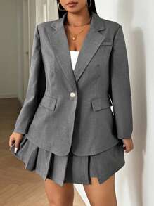 Flirla Plus Size Women Elegant Set - Solid Color Lapel Neck Long Sleeve Blazer Jacket & Pleated Midi Skirt, Autumn - Multicolor - View 1
