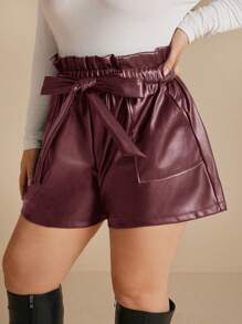 SHEIN Frenchy Plus Size Solid Color Front Tie Pocket Pleated Simple Casual Shorts - Burgundy - View 6