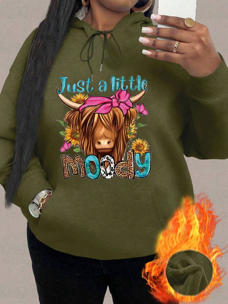 Calvaya Plusstorlek Dam Tryckt Mönster Dragsko Huva Lös Långärmad Casual Sweatshirt, Hösttröja Hösttröja - Armé Grön - Visa 1
