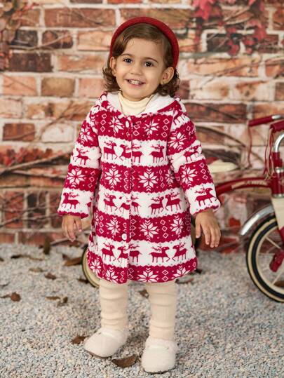 Baby Girls' Fashion Warm Hooded Long Coat With Reindeer & Snowflake Print, Christmas