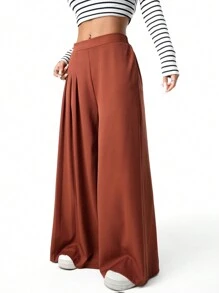 SHEIN Teen Girls Elegant Pleated Wide Leg Pants - Burgundy - View 4