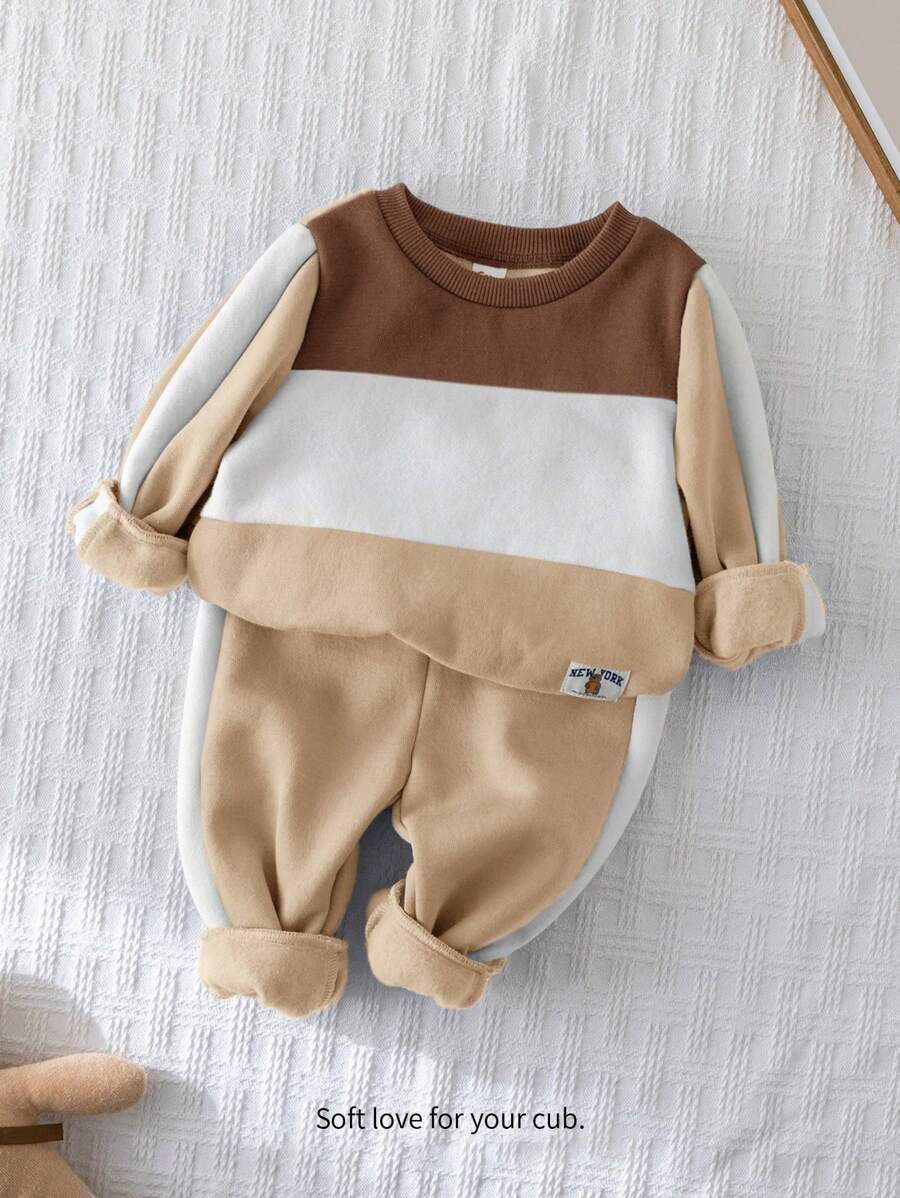Cozy Pixies 2pcs Baby Boy Contrast Color Soft Knit Crew Neck Long Sleeve Sweatshirt And Jogger Pants Set - Multicolor - View 1