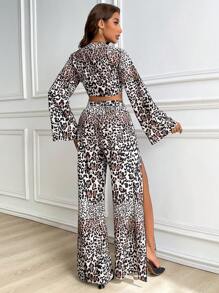 SHEIN Privé Bộ 2 món/bộ thời trang nữ thanh lịch, gợi cảm, giản dị, phong cách Y2K, cổ điển, thu đông, họa tiết da báo, buộc dây phía trước, tay loe, quần ống rộng cạp cao, xẻ tà - Nhiều màu - Xem 2