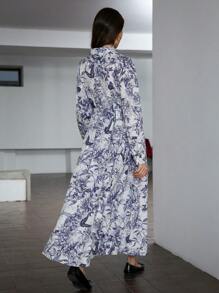 Aveloria 1pc Random Floral Print Button-Up Long Sleeve Pleated A-Line Dress For Women