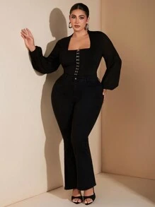 SHEIN BAE Plus Size Curve Big Woman Sexy Elegant Party Birthday Black Large Square Collar Buttoned Chiffon Puff Sleeve Bodysuit Long Sleeve Bodysuit Fall And Winter Bodysuit - Black - View 5