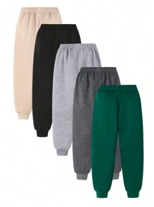 SHEIN Playful Pals 男童 5 件套休闲纯色松紧腰罗纹下摆运动裤 - 彩色 - 查看 2