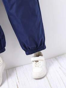 青少年男童休闲卡通字母印花抽绳腰部翻盖口袋宽松工装裤 - 寶藍色 - 查看 6