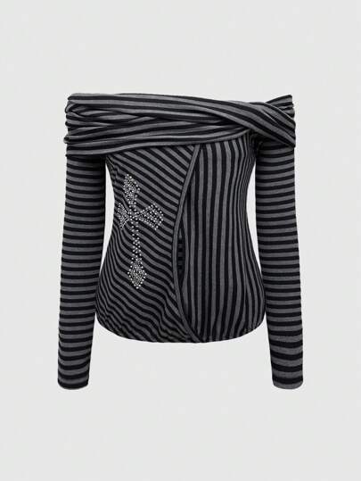Grunge Punk Camiseta elástica de manga larga con estampado a rayas, cruz de strass, recorte al hombro y contraste de colores, con estilo vintage para mujer