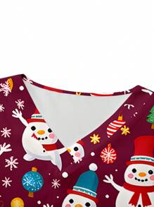 PopScrub Plus Size Cute Snowman Print V-Neck Short Sleeve Pocket Nurse Uniform Top Cute Cartoon Snowman Print Plus Size V-Neck Short Sleeve Pocket Scrubs Top, Suitable For Women Santa Claus With White Beard Cartoon Themed Nursing Uniform Top, Christmas Women Clothes