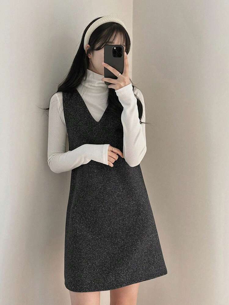 Women's Casual V-Neck Sleeveless Short Sparkle Dress, Autumn/Winter