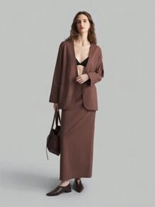 Ontre Set de 2 piezas para mujer de chaqueta y falda casuales de lino de unicolor con doble bolsillo - Camel - Ver 8