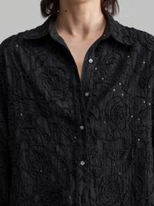 Ontre Women's Black Long Sleeve Textured Collar Shirt With Pearled Embroidered Floral Pattern, Suitable For Autumn - Black - View 3