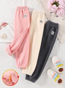 SHEIN Set de 3 piezas Leggings para niña (de 4 a 7 años) con estampado de arcoíris, en rosa, albaricoque y gris, con forro térmico, pantalones casuales cómodos, esenciales para otoño/invierno - Multicolor - Ver 1