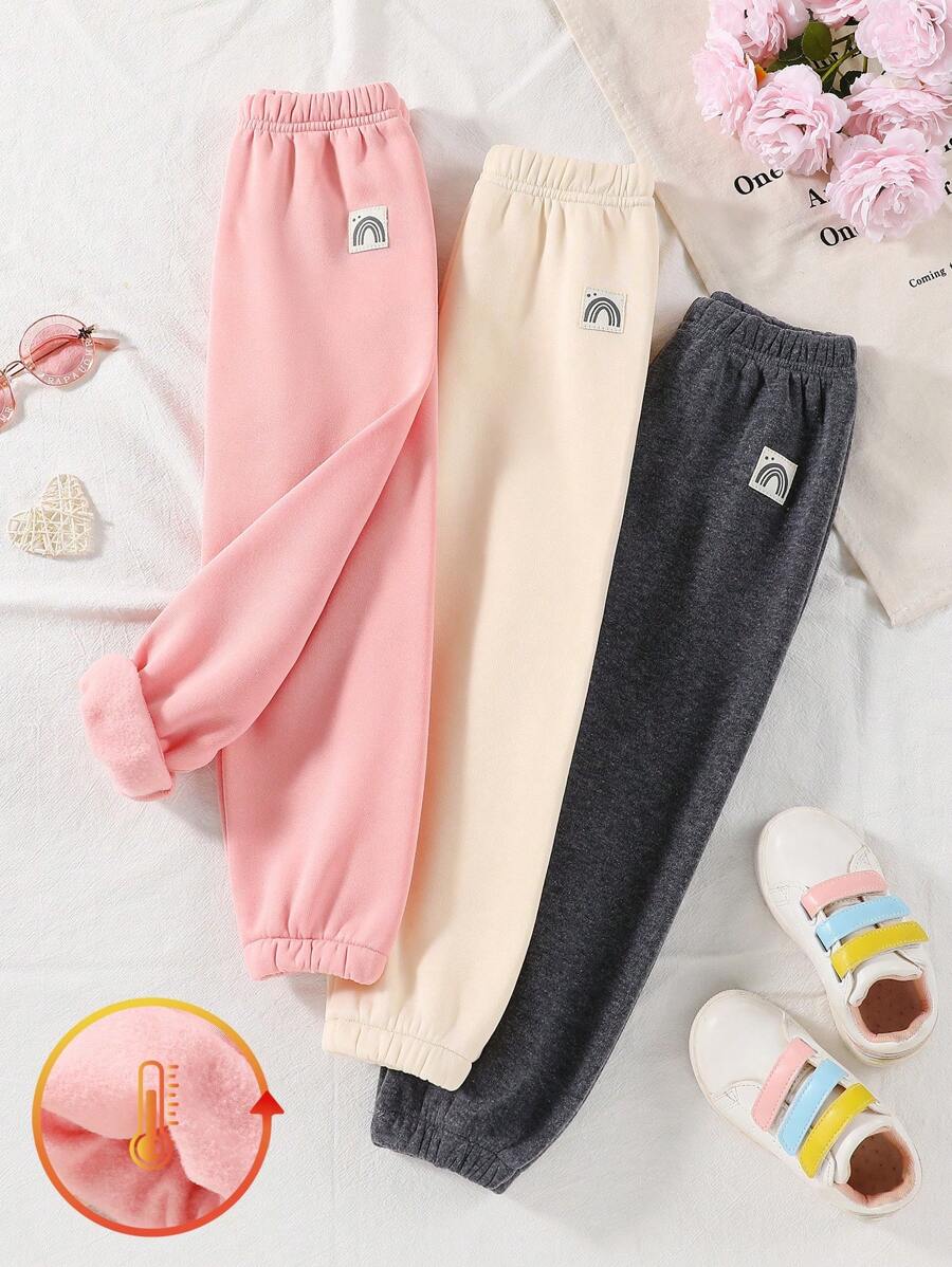 SHEIN Set de 3 piezas Leggings para niña (de 4 a 7 años) con estampado de arcoíris, en rosa, albaricoque y gris, con forro térmico, pantalones casuales cómodos, esenciales para otoño/invierno - Multicolor - Ver 1