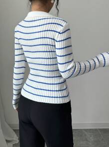 Selianne 女士条纹长袖修身休闲套头衫，秋冬季，长袖上衣 - 藍白色 - 查看 2