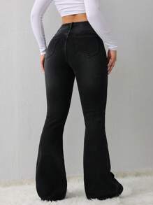 SHEIN Tall 女款休閒緊身彈性喇叭牛仔褲，黑色天鵝絨冬季保暖丹寧泰迪毛絨加絨內搭褲，女裝，適合高個女性 - 黑色 - 查看 3