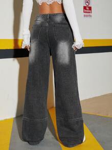 SHEIN ICON Quần Jeans Ống Đứng Túi Màu Tương Phản Thường Ngày - màu đen - Xem 2