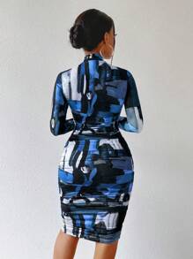 Zolique Đầm ngắn xếp ly cổ đứng in họa tiết toàn thân thời trang dành cho nữ - Màu xanh lam - Xem 2