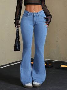 SHEIN ICON Cross Embroidered Washed Flared Leg Jeans, Casual & Versatile, Suitable For Spring & Autumn