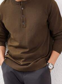 Manfinity Homme Men's Round Neck Button Long Sleeve Casual Solid Color Simple Fashionable Knit Sweater - Coffee Brown - View 1