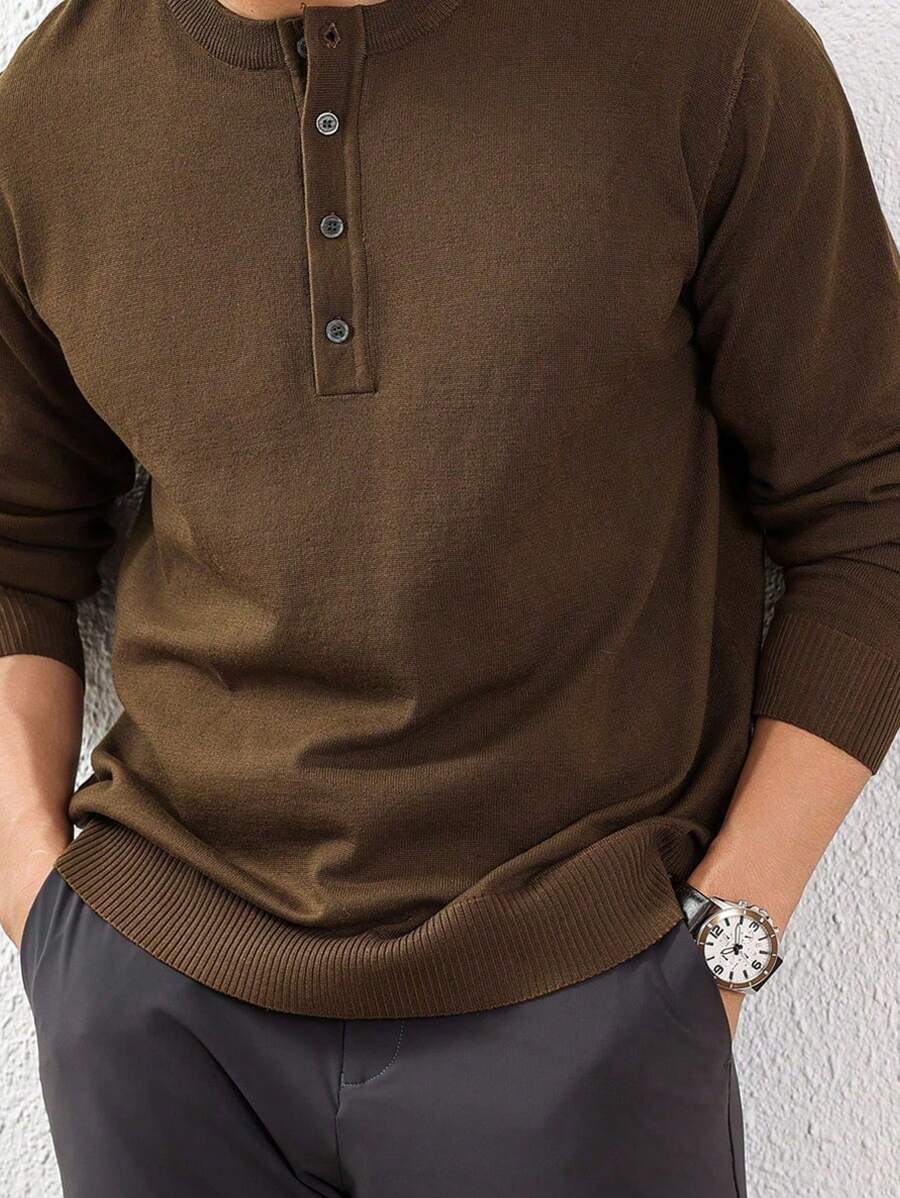 Manfinity Homme Men's Round Neck Button Long Sleeve Casual Solid Color Simple Fashionable Knit Sweater - Coffee Brown - View 1