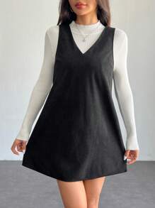 SHEIN PETITE Solid V Neck Corduroy Dress Without Sweater Fall/Winter Dresses - Black - View 5