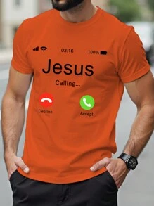 Manfinity Homme 字母印花圆领休闲男女款短袖 T 恤 - 橘色 - 查看 1