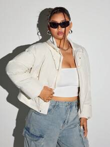 SHEIN ICON Plus Size Women Casual Solid Color Zip-Up PU Padded Coat, Winter - White - View 4