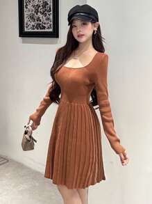 DAZY Váy len dệt kim dài tay cho nữ, Quần áo thu/đông, mùa thu cho nữ - màu nâu - Xem 4