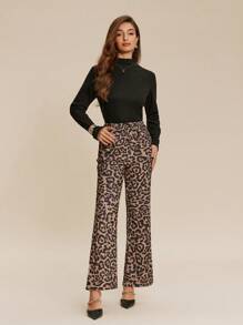 Chiquease 女式豹纹简约风格休闲长裤 - 棕色 - 查看 3
