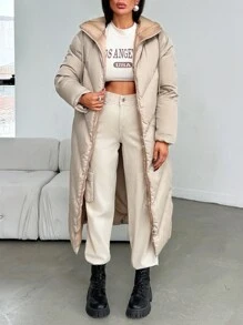 EURMUSE Women's Quilted Hooded Zip Up Stylish Padded Coat - Beige - View 4