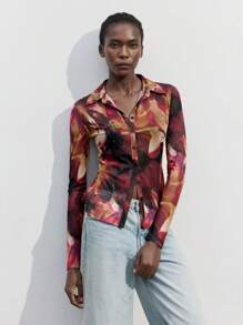 Maija 女式早春优雅扎染印花图案时尚百搭前扣长袖修身衬衫 - 玫紅色 - 查看 7