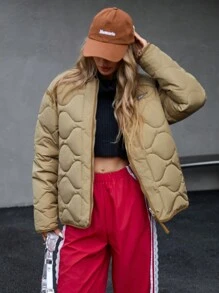EMERY ROSE Casual Quilted Baseball Puffer Jacket, Versatile Splicing Design Women Outerwear Fall Cloth For Women - Khaki - View 6