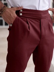 Manfinity Homme Quần ống đứng xếp ly túi trơn cho nam, quần công sở thường ngày - Màu Đỏ Sâu - Xem 2