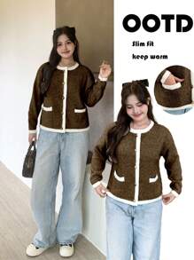 SHEIN LUNE Suéter casual de manga larga con bolsillo delantero y abotonado en bloques de color talla grande