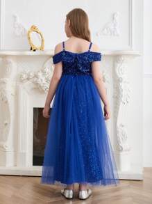 SHEIN 优雅蓝色细肩带连衣裙，适合少女穿着，无袖长款正式礼服，适合晚会、万圣节、圣诞节、生日、节日等场合 - 藍色 - 查看 2