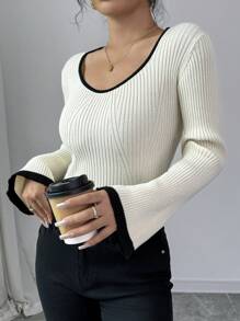 Chiquease Women Contrast Color U Neck Slim Fit Knit Sweater, Autumn/Winter Layering Tee Knit Pullover Fall Outfit - Apricot - View 6