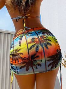 Swim SXY Conjunto de bikini halter con estampado de palmera y conjunto de falda de cubrir a juego con cordones para mujer, estampado aleatorio, 4 piezas/set Playa de verano - Multicolor - Ver 2