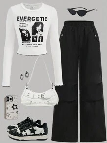 Girlism 2 件青少年女孩罗纹肖像印花复古撞色缝线长袖 T 恤和黑色编织工装裤套装 - 黑與白 - 查看 3