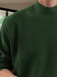 Claim Dot Men's Casual Minimalist Solid Color Half-Turtleneck Knitted Sweater, Autumn/Winter, Men Green Sweater, Men Pullover Sweater, Men Knit Sweater, Men Mock Neck Sweater, Men Ribbed Sweater - Green - View 5