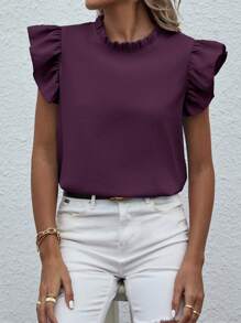 Breezaya Solid Color Ruffle Collar Short Sleeve Elegant Blouse