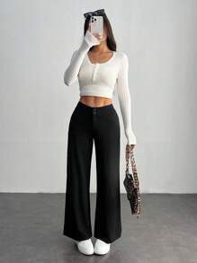 SHEIN PETITE Solid High Rise Flared Straight Leg Pants - Black - View 4