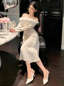 DAZY Damska asymetryczna dzianinowa sukienka midi z odkrytymi ramionami i długim rękawem w jednolitym kolorze, sukienka na bal urodzinowy, ubrania na jesień