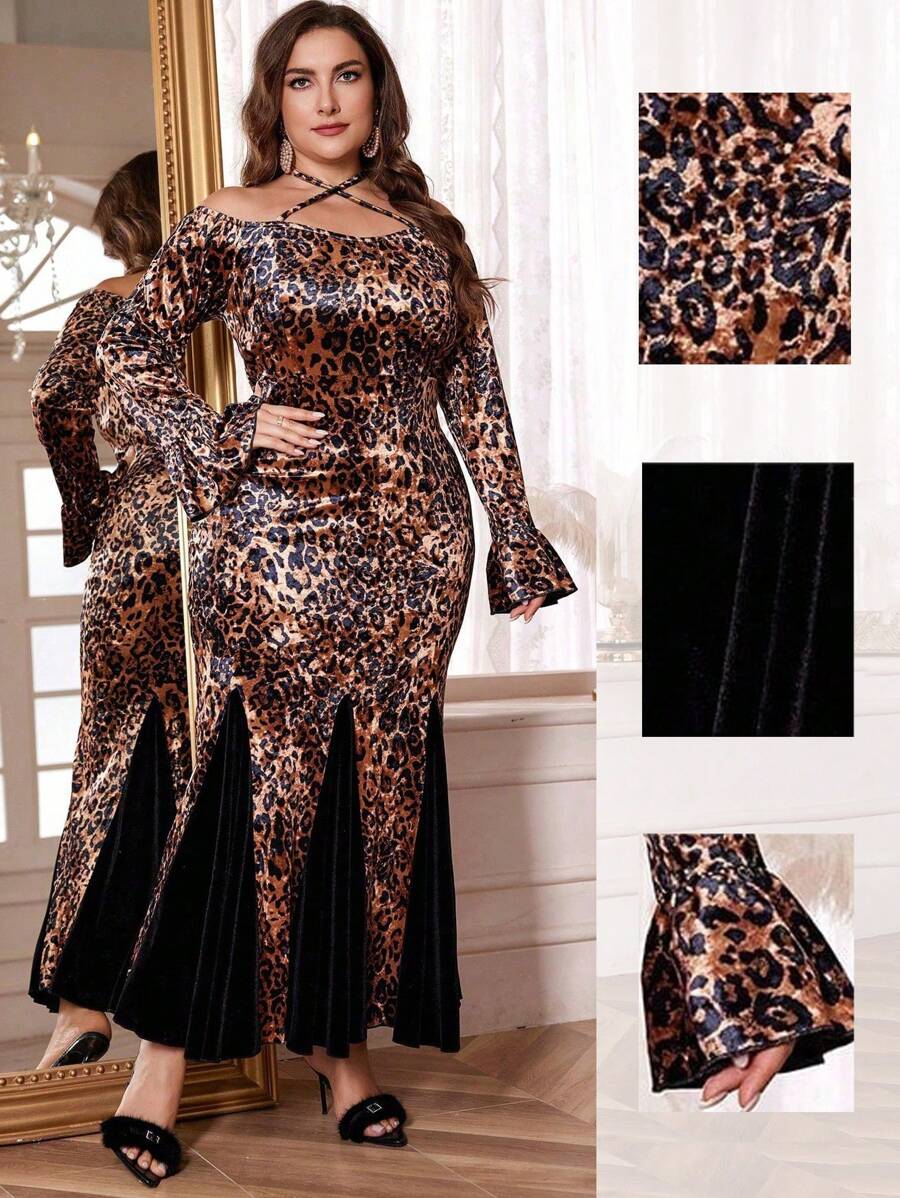 Modelyn فستان ضيق وقصير مع طباعة النمر وطرف متقاطع لمناسبات الربيع/الخريف بمقاسات كبيرة، فساتين ماكسي ضيقة أنيقة، للحفلات المسائية/ضيف الزفاف/الذكرى السنوية - متعدد الألوان - مشاهدة 1