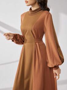 Seusyu Women Casual Contrast Color Block Drawstring Hem Hooded Long Sweatshirt Dress, Autumn/Winter - Brown - View 8